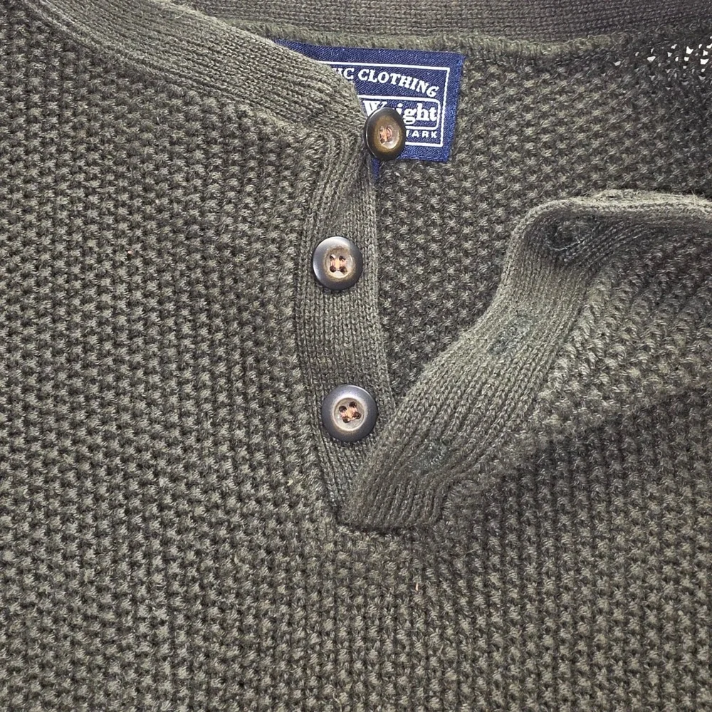 Bowen & Wright Mens XL Olive Green Waffle Knit Henley Sweater Ramie Cotton Blend